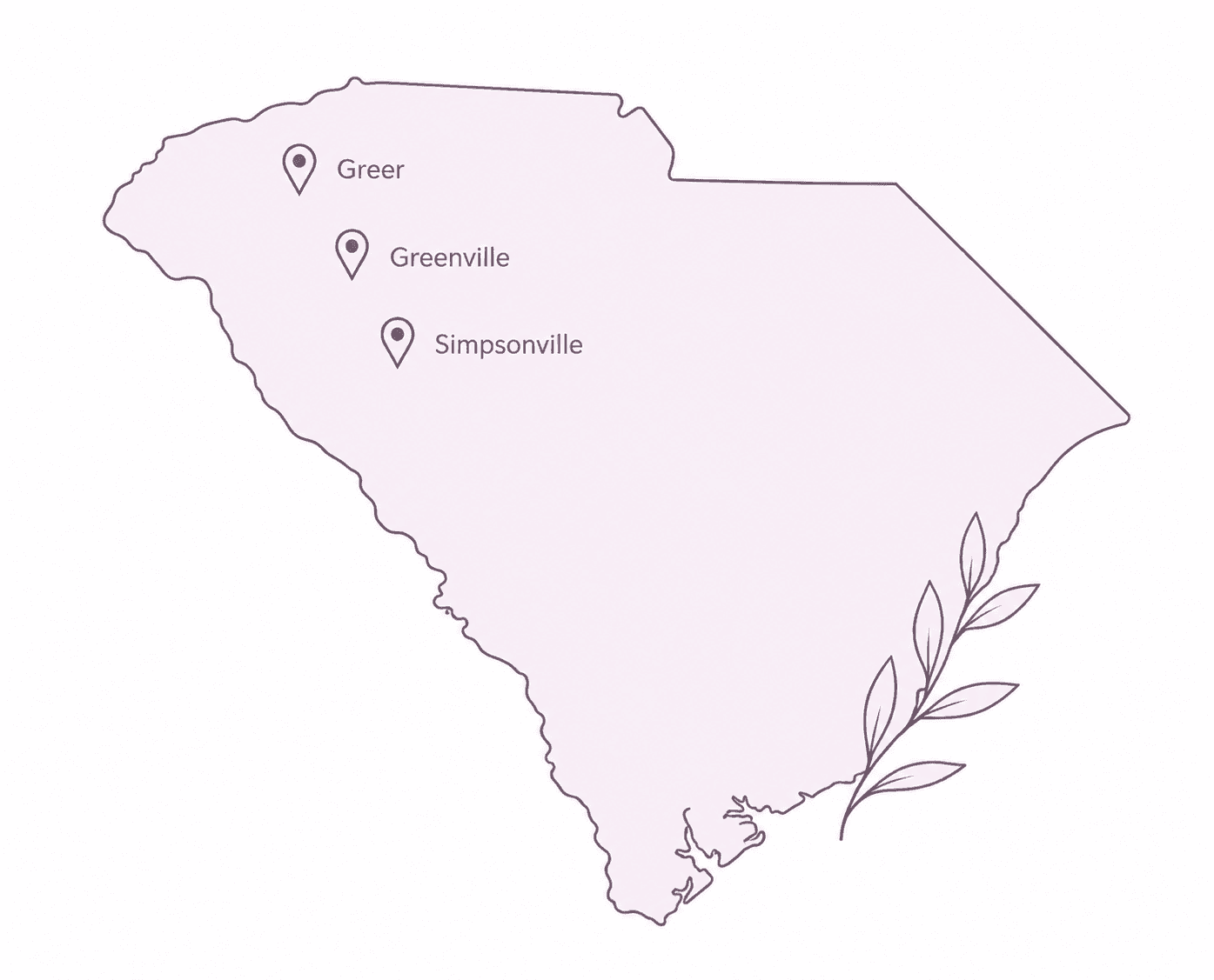 Soft illustrated map of South Carolina with location pins on Greer, Greenville, and Simpsonville
